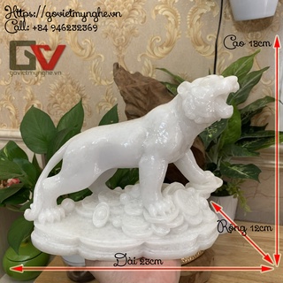 Tượng đá con Hổ trang trí phong thuỷ bàn làm việc - size lớn - trắng đá non nước - Cao 18cm