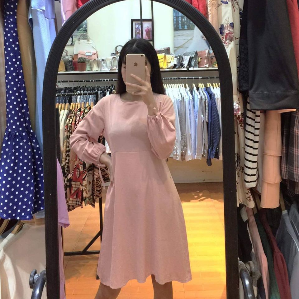 Váy đũi vintage màu hồng pastel tay bồng