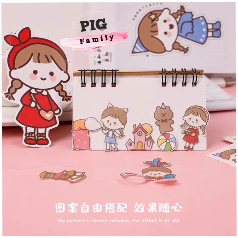 Bộ 4 tấm sticker, nhãn dán bé gái búp bê dễ thương trang trí sổ tay