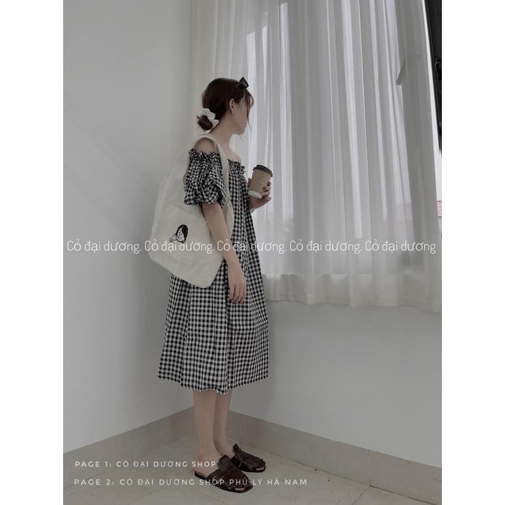 Váy nữ kẻ suông dáng dài Vintage - Đầm xuông dáng dài trễ vai Ngọc Uyên Store