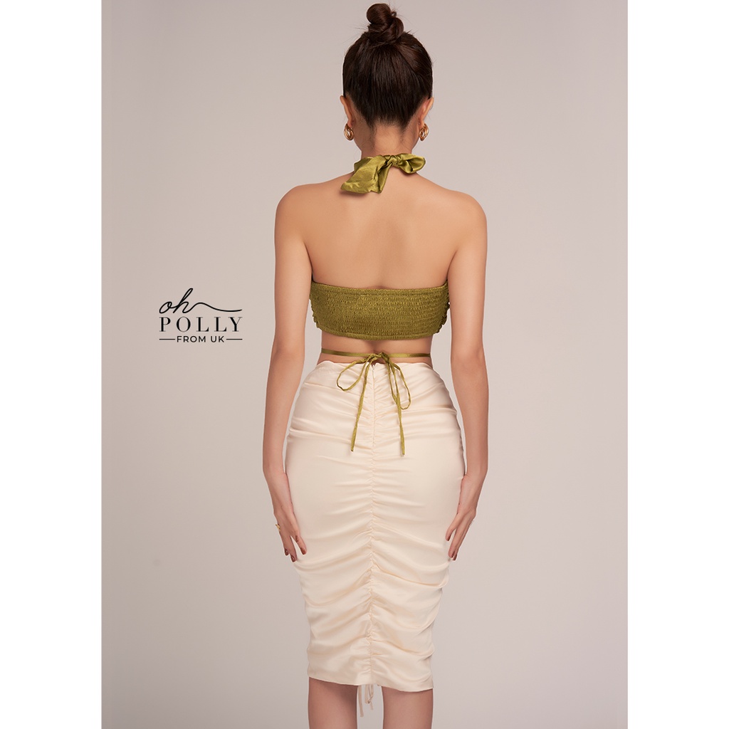 Oh Polly - Set đồ nữ áo croptop khoét ngực và eo cổ yếm, váy body rút dây dài vải satin sang trọng