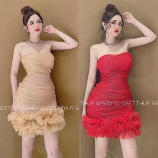 Đầm váy body bèo lai cúp ngực phối kim tuyến đa dạng màu sắc (Đỏ, Da, Hồng,Trắng) thích hợp cho nàng dạo phố, dự tiệc