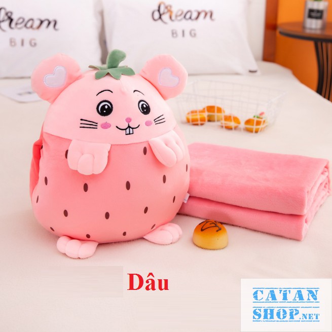 GỐI MỀN 3 trong 1 Trái Cây hình thú cute, thun 4 chiều siêu mịn, bộ chăn gối văn phòng, gấu bông kèm mền GM74-Chuotfruit