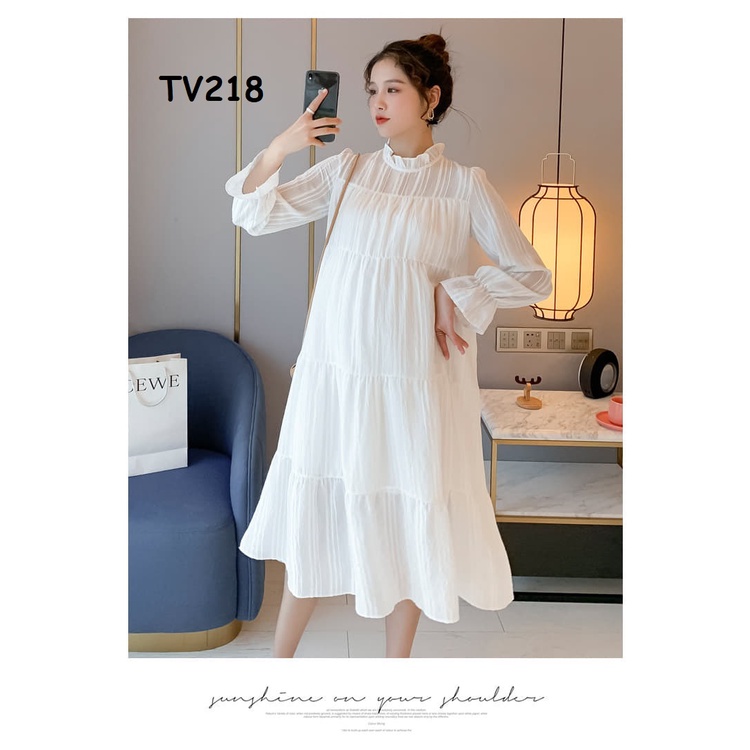 Đầm bầu trắng tay dài có dây buộc sau-TV218