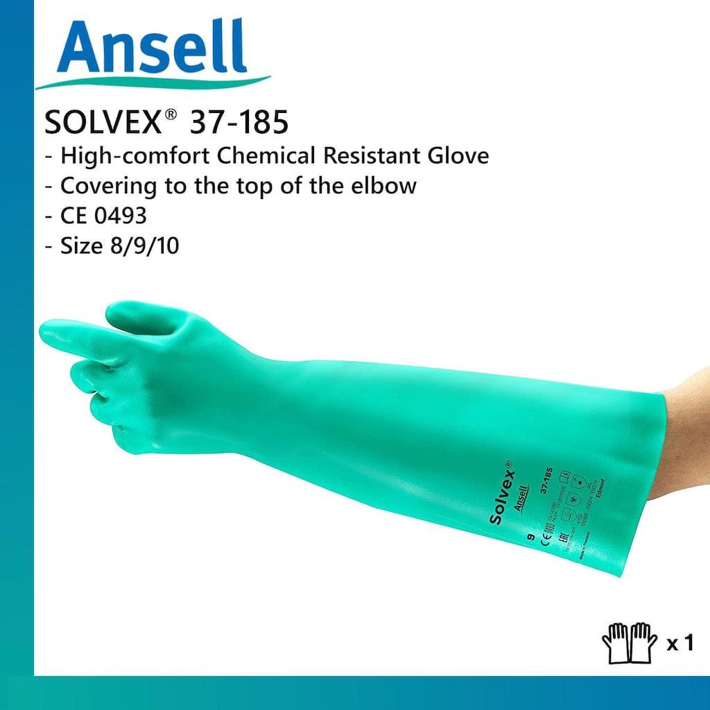 Găng tay chống hóa chất Ansell Solvex 37-185 cấu tạo nitrile, chống hóa chất, axit, dầu nhớt - Thinksafe