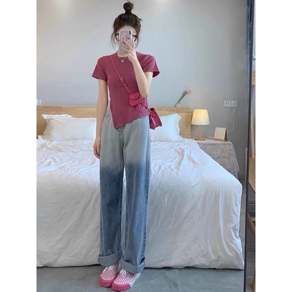 Quần jean loang 2 màu ống rộng KH099, quần bò culottes ống suông kiểu dáng ulzzang Hàn quốc