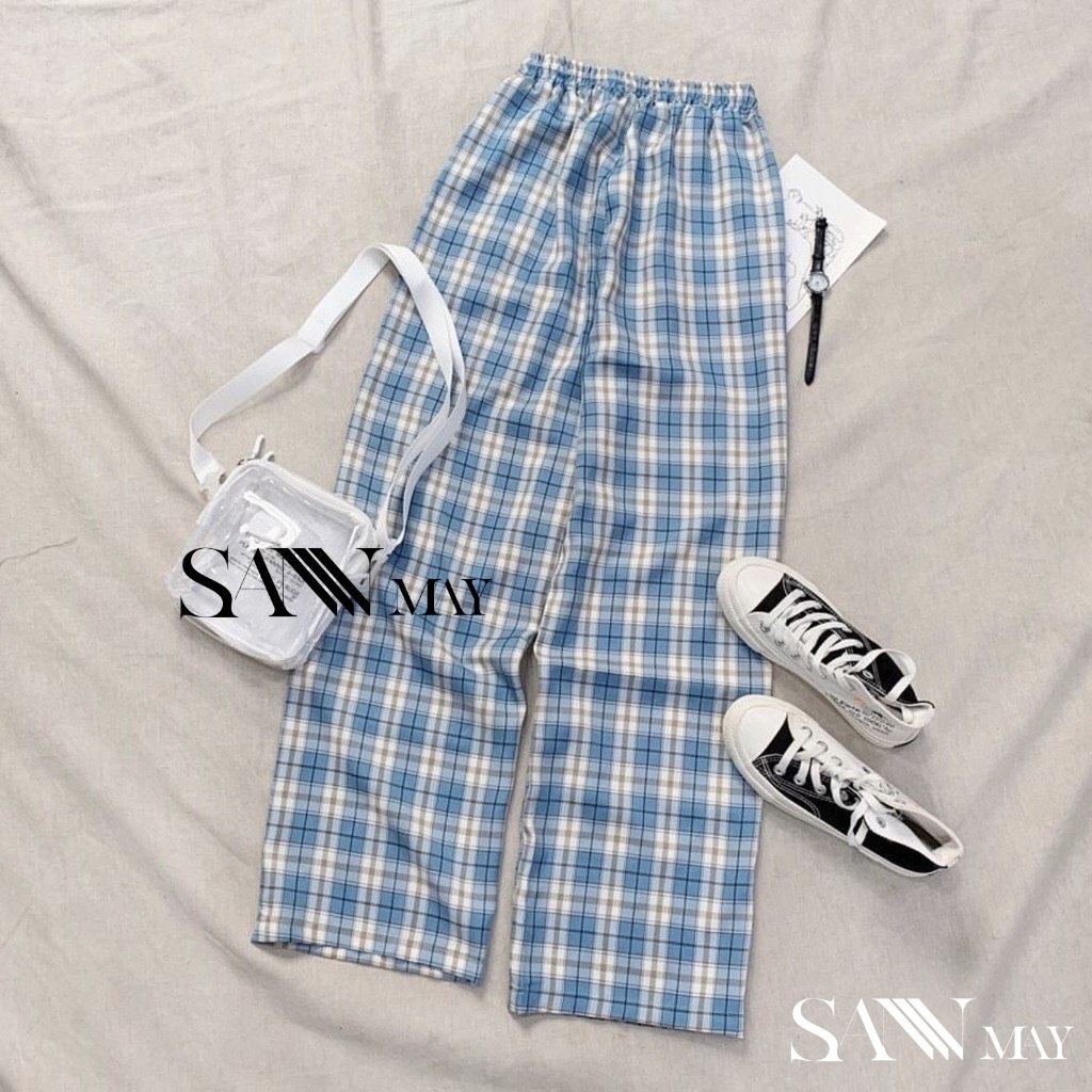 Quần Kẻ Sọc Caro Kẻ Nữ Ống Rộng Lưng Cao Quần Baggy Unisex Dáng Suông Form Dài Cạp Chun Đi Học Đẹp SANMAY QD003 | BigBuy360 - bigbuy360.vn