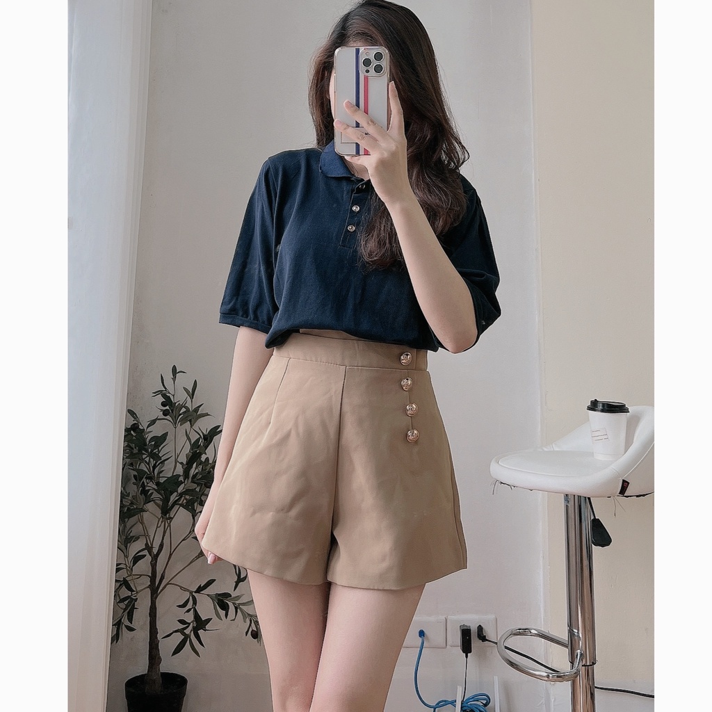 Áo polo thun màu xanh than cộc tay lỡ JULYF - Phông form rộng bánh bèo tiểu thư phong cách học sinh hàn quốc ullzang