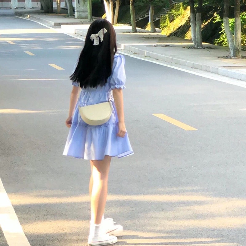 Đầm Tay Phồng Cổ Búp Bê Ghép Mảnh Màu Trơn Phong Cách Hàn Quốc Ngọt Ngào Dễ Thương Mùa Thu Dành Cho Bạn Nữ Sinh