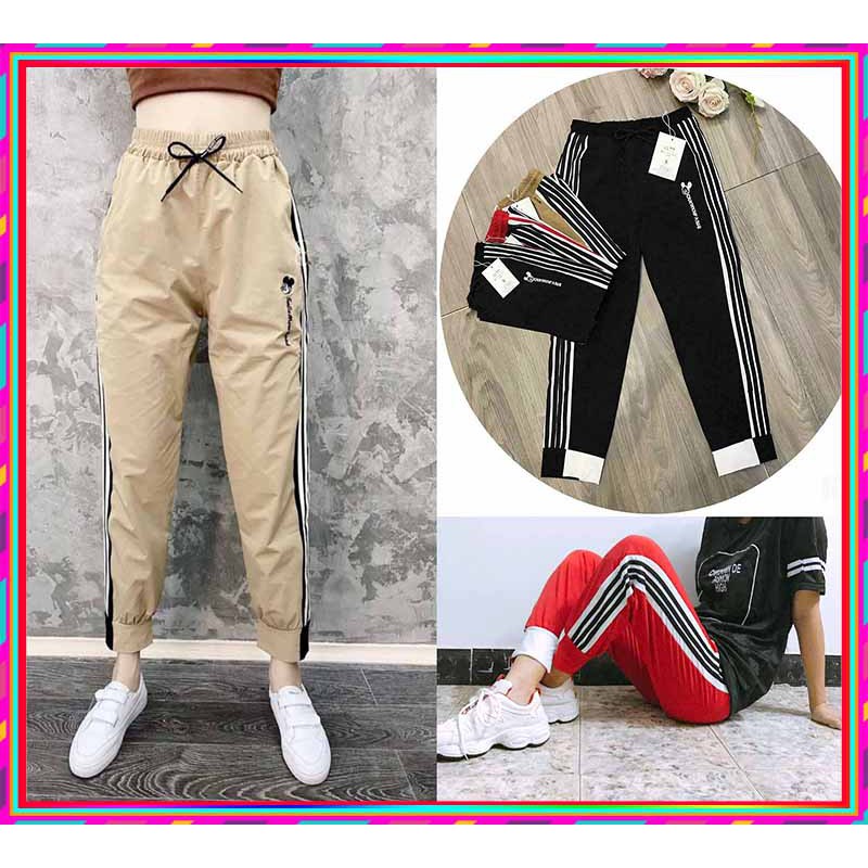 [FREESHIP- Ảnh Thật] Quần gió nữ phối sọc trắng đen bo gấu dáng jogger trẻ trung năng động/Quần Gió Thể Thao Nữ