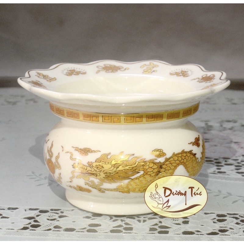 Lư Hương  Bằng Sứ Trắng Rồng - Có Khay Hứng Nhang