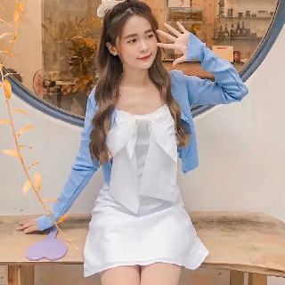 Set đầm nơ ngực 2 dây + cardigan xanh