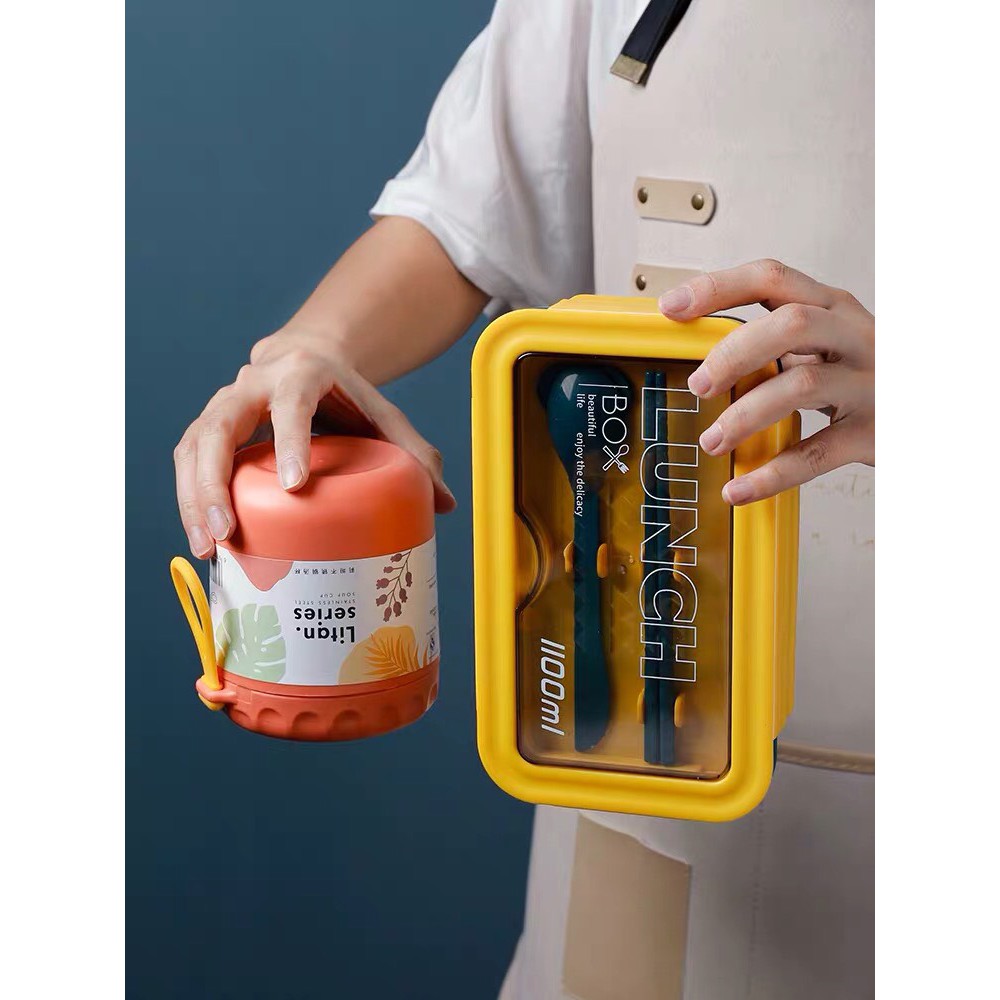 Hộp cơm văn phòng giữ nhiệt 2 ngăn Lunch Box 1100ml tặng kèm đũa thìa lúa mạch | BigBuy360 - bigbuy360.vn
