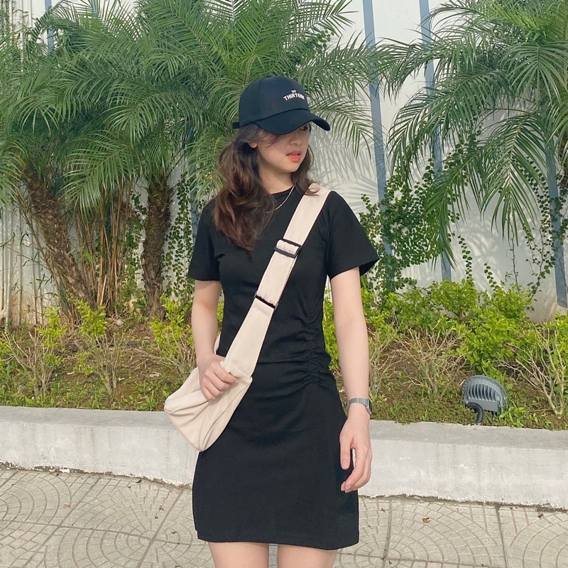 Đầm polo, váy polo suông dáng ngắn Cộc Tay cổ tròn Basic thắt chun dáng chữ A polo, ảnh tự chụp