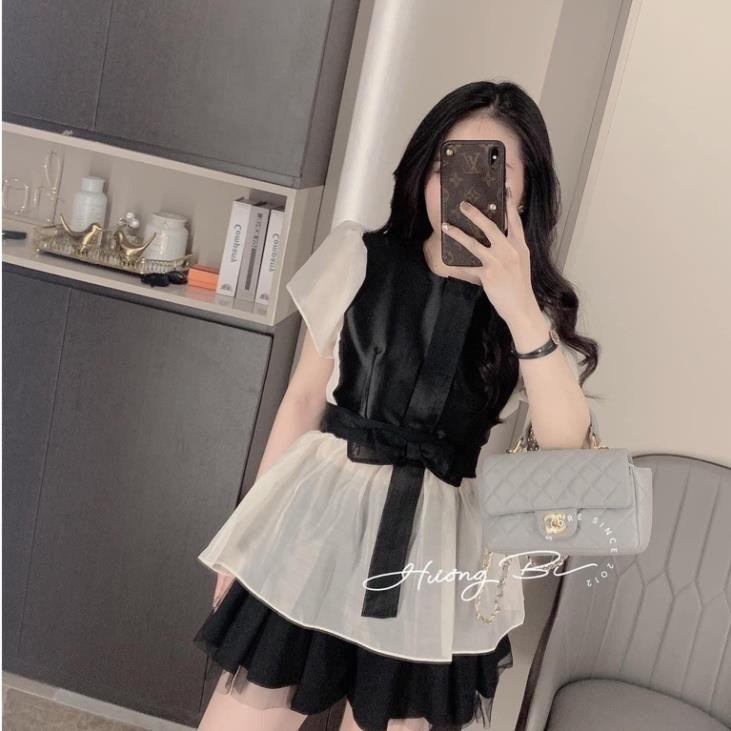 Sst Bộ Áo Voan Nữ Phối Màu Buộc Nơ Mới Lạ Quần Đùi Lụa 🦋 Set Áo Cộc Tay Cánh Dơi Kèm Quần Đùi Ống Rộng 🦋