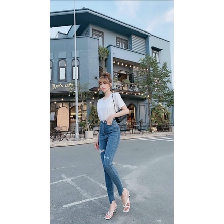 Quần Jean Nữ Bó Ống Dài, Rách Kiểu, Chất Jean Co Giãn