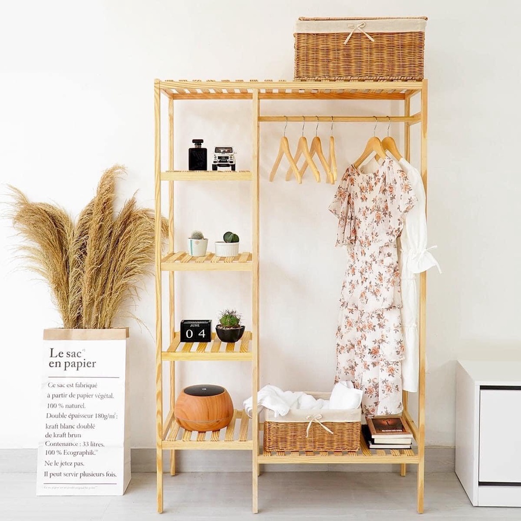 Tủ Treo Quần Áo Decor Family  - Thiết Kế 2 Ngăn Chứa Đồ Tiện Lợi - Khung Gỗ Thông Bền Chắc - Màu Gỗ Thông Mỹ Tự Nhiên