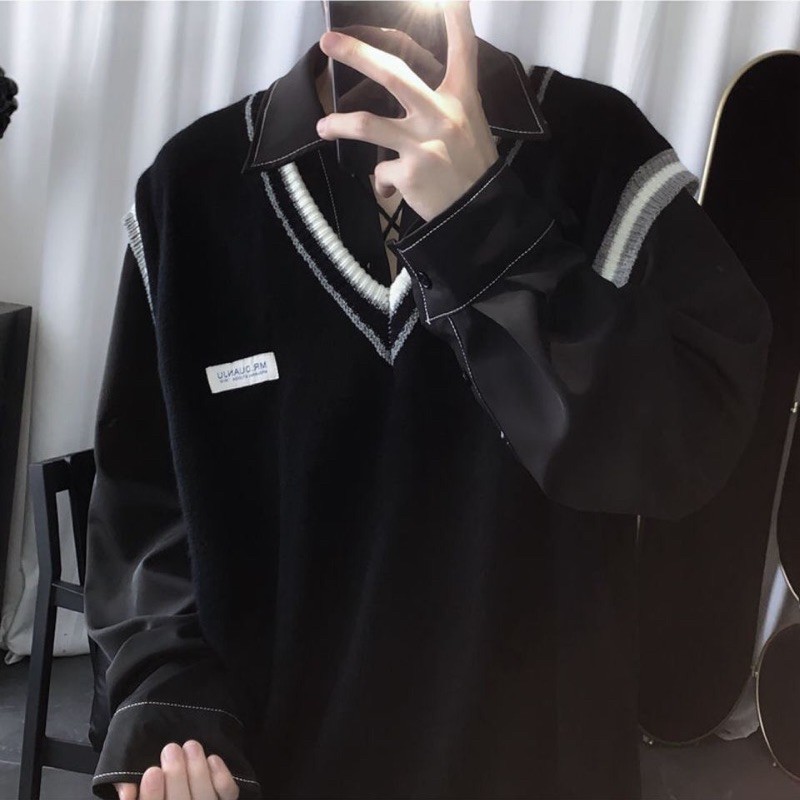 Áo gile đen phối viền 4 mùa unisex