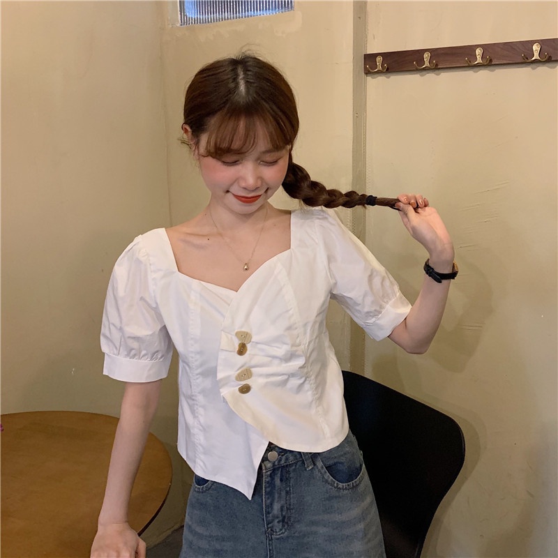 Áo Sơ Mi Nữ Cổ Chữ V Tay Phồng Ngắn Dáng Rộng Phong Cách Hàn Quốc
