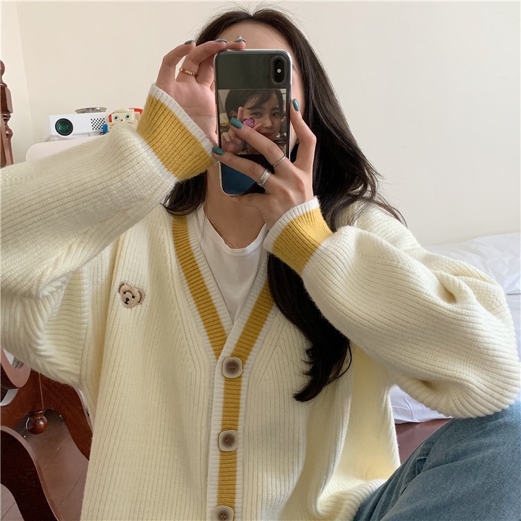 Áo len cardigan phối thêu gấu Ulzzang HQ kèm ảnh thật