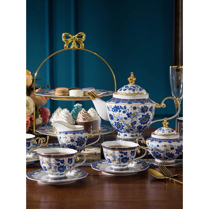 Bộ ấm chén, set trà hoa xanh nhẹ nhàng, cổ điển, khay mứt Tết, cakestand, khay bánh, trà chiều tinh tế, phong cách Pháp