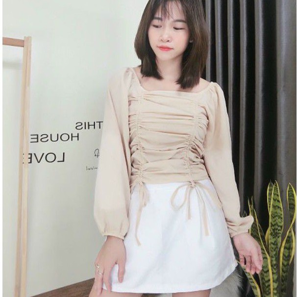 Áo Kiểu Nữ Có Dây Rút, Dài Tay, Chất Đũi Mặc 2 Kiểu