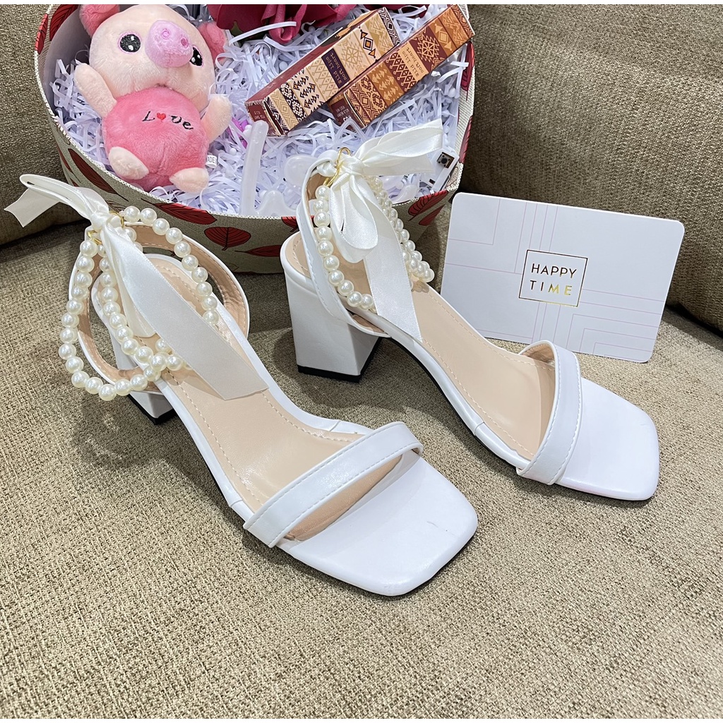 Sandal da mịn quai ngang buộc nơ hạt ngọc cực xinh - 7P
