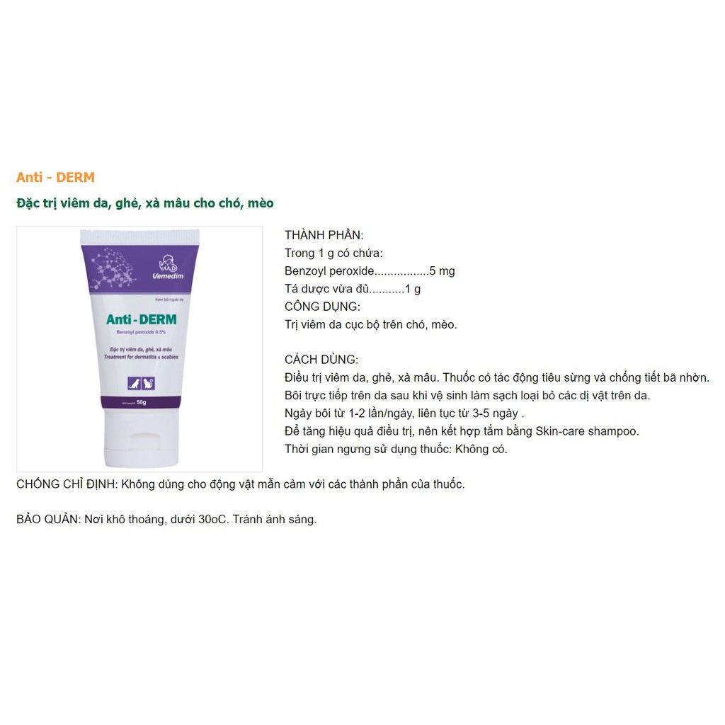 kem Thuốc bôi trị ghẻ, viêm da Anti DERM dành cho chó mèo gia cầm hiệu Vimedim