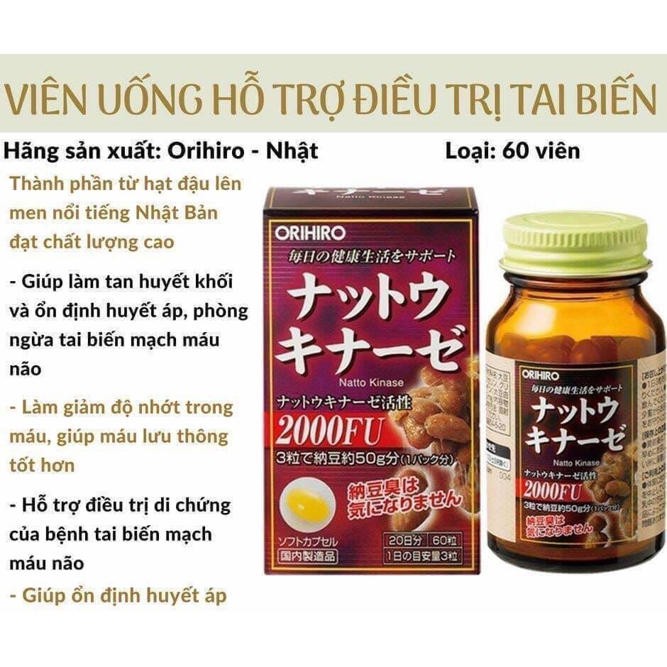 Viên Uống Ngừa Nguy Cơ Đột Qụy ORIHIRO 2000FU Chiết Xuất Từ Đậu Nành Natto Kinase Nội Địa Nhật Bản 60 Viên - SAKUKO