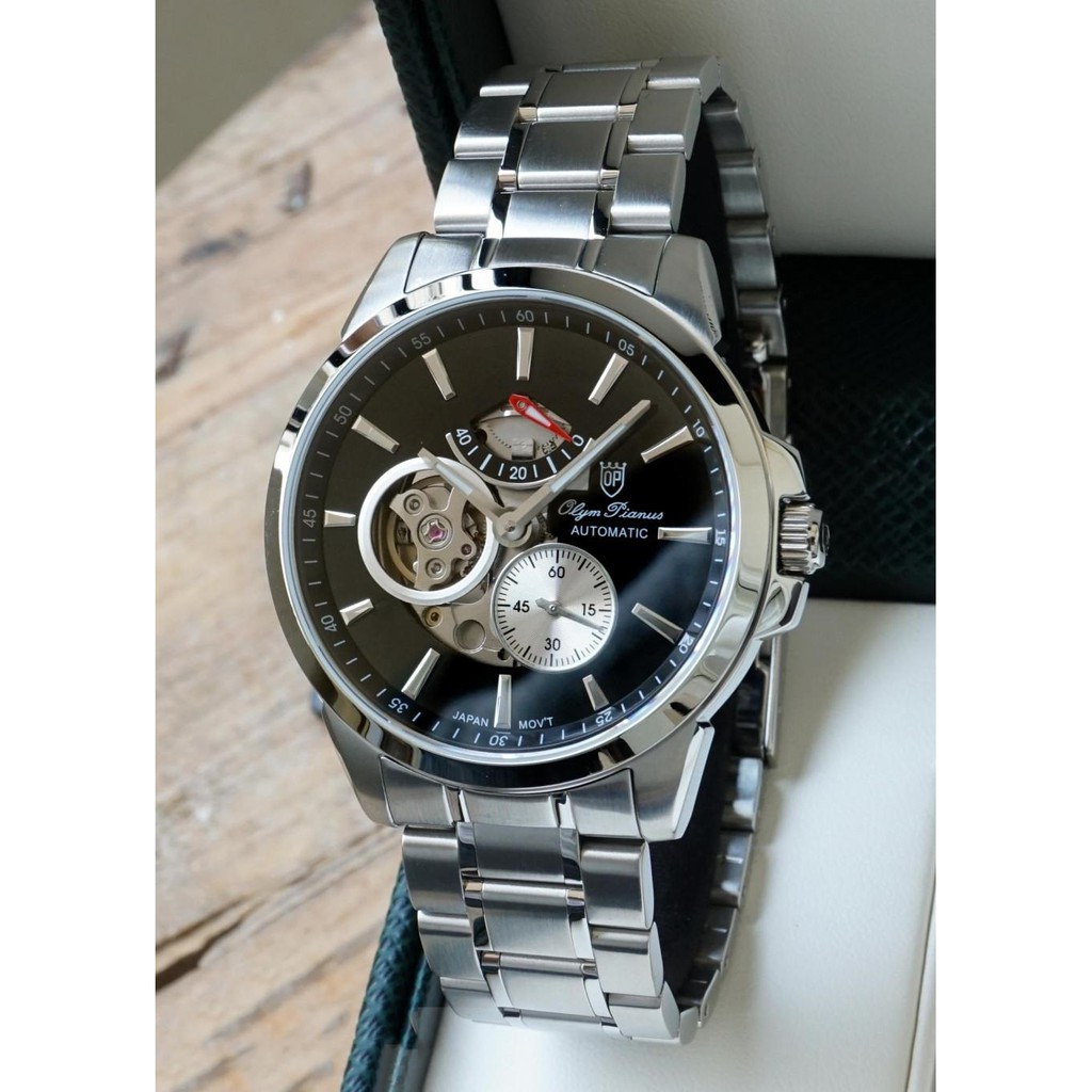 Đồng hồ nam dây kim loại mặt kính sapphire automatic Olym Pianus OP9908-88 OP9908-88.1AGS đen