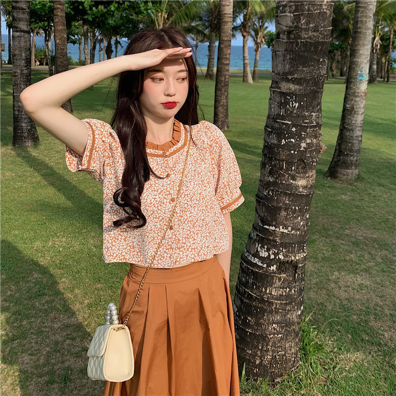 Suit Skirt Women's 2021 Summer New Korean Small Fresh Floral Bubble Sleeve Shirt + Two Piece Skirt