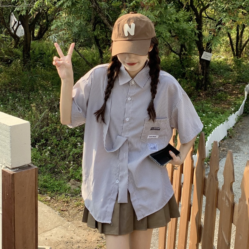 Áo Sơ Mi Tay Ngắn Kẻ Sọc Phong Cách Retro Hàn Quốc