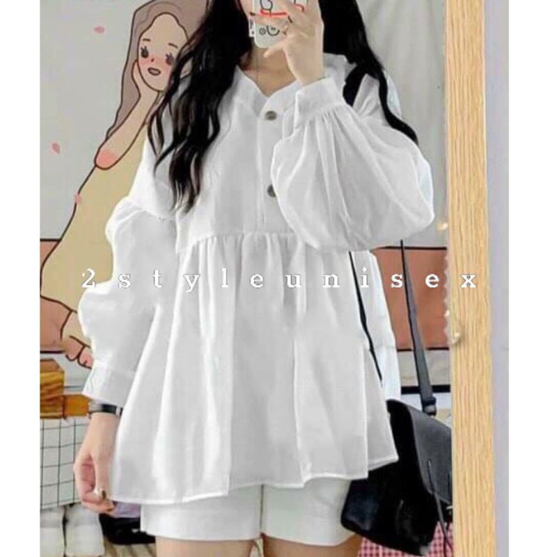 Áo sơ mi nữ babydoll form rộng oversize , Sơ mi trắng nữ giấu quần tay bồng cúc gỗ 7lucky | BigBuy360 - bigbuy360.vn