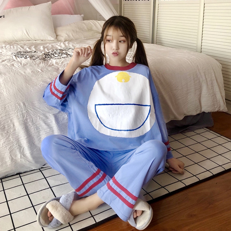 Doraemon Bộ Đồ Ngủ Tay Dài Vải Lụa Thoáng Mát Xinh Xắn Cho Nữ Kiểu Hàn Quốc