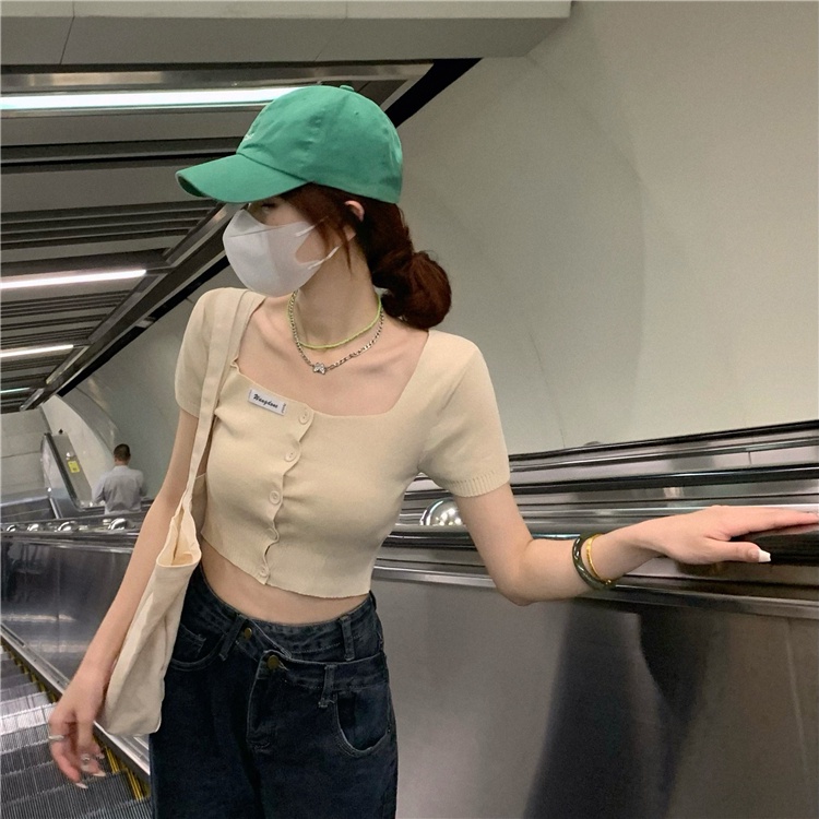 Xiaozhainv Áo sweater Croptop Cổ Vuông Kiểu Hàn Quốc Thiết Kế Quyến Rũ Cho Nữ