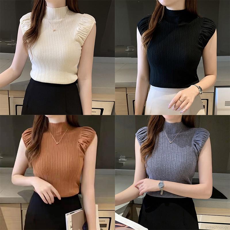 Áo Nữ Chất Sơ Mi Dệt Kim Sát Nách Cổ Lọ Màu Trơn Thời Trang Cho Nữ