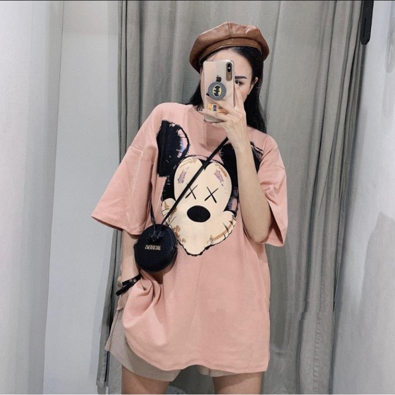 Áo thun tay lỡ form giấu quần nữ - Áo phông mickey hồng pastel SIÊU HOT  ྇