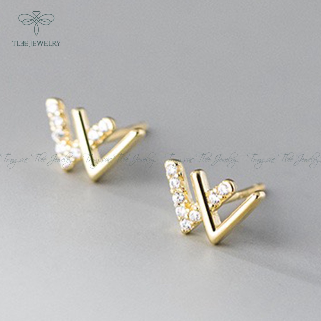 Khuyên tai bạc TLEE chữ W kép nạm đá nửa cao cấp NCJ B0176