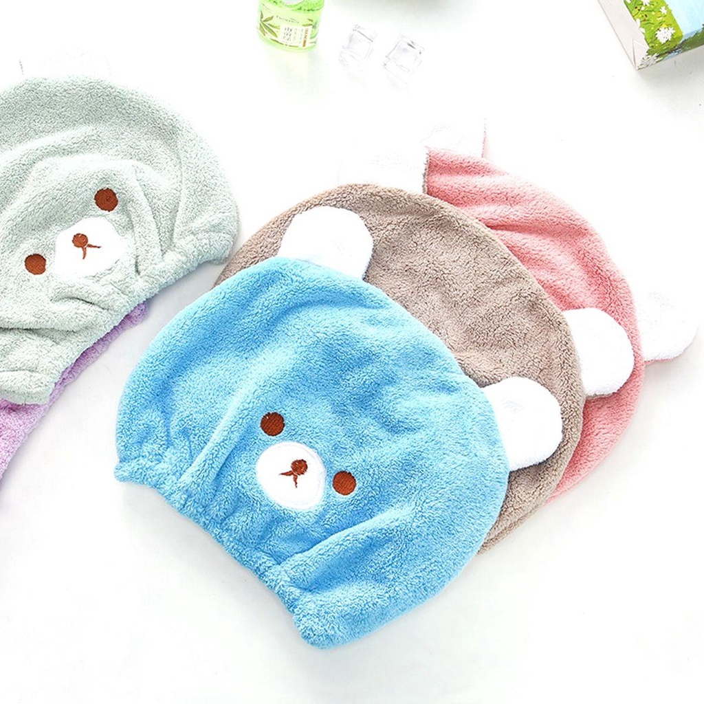 Mũ Trùm Đầu Sấy Khô Tóc Bằng Sợi Micro Siêu Thấm Hút Nhanh Khô Hình Gấu Dễ Thương Cho Nữ