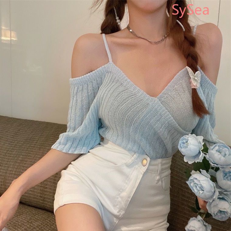 Áo Dệt Kim Cổ Chữ V Đan Chéo Thời Trang Mùa Hè Gợi Cảm Cho Nữ