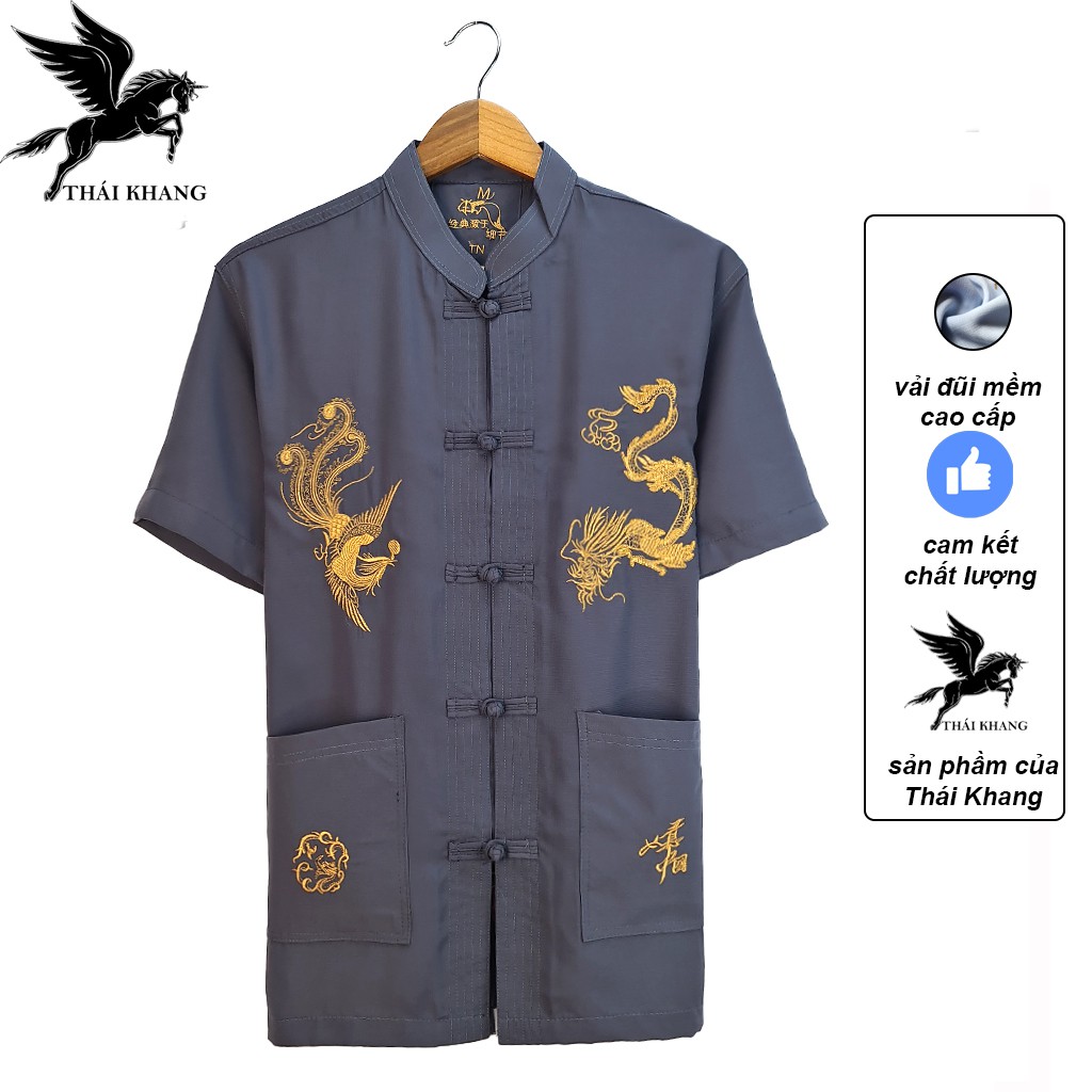 Áo sơ mi cổ trụ trung niên nam vải Đũi mịn thiêu rồng cao cấp loại áo sơ mi trung niên form rộng thoải mái OG4 | BigBuy360 - bigbuy360.vn