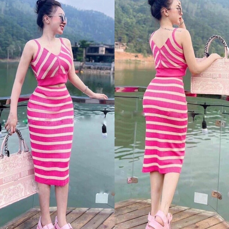 SET BỘ 2 DÂY CHÂN VÁY DÁNG DÀI LEN MONGTOGHI KẺ HỒNG SIÊU HOT