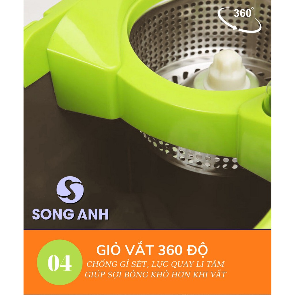 Chổi Lau Nhà 360 Độ Song Anh Tặng Kèm 2 Bông Lau Bình Chứa Nước Lau Sàn- Hàng Loại 1