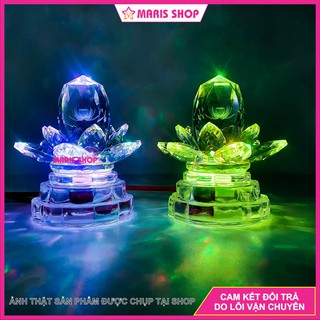 Bộ 2 Cây Đèn Hoa Sen Pha Lê Nguyên Khối Để bàn Thờ Phật LED Đổi Màu Cao Cấp, Đèn Thờ Pha Lê