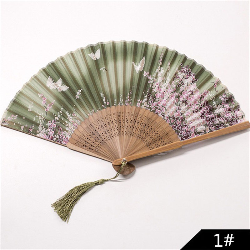 Quạt xếp bằng gỗ tre và vải họa tiết hoa phong cách Trung Quốc hoa lụa gương tròn hồ cá mini trang trí chụp ảnh chỉ lụa