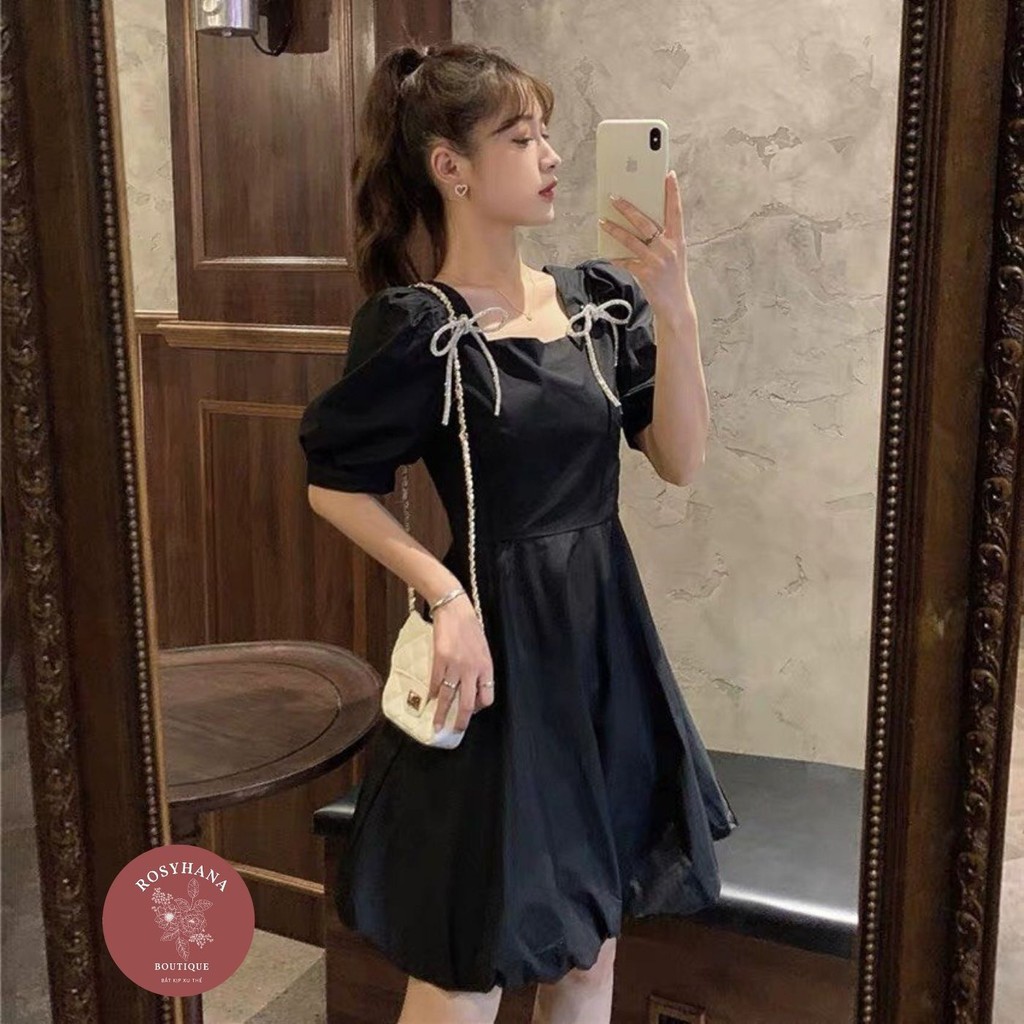 ✅❤✅Váy nơ vai tay bồng Chất Liệu Đũi Mát _ROSYHANA_ Có Ảnh Đánh Giá + Video Sản Phẩm