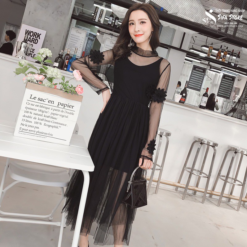 Set Bộ 3 Áo Dây Trong Phối Áo Lưới Kết Hoa Chân Tùng Váy Thời Trang