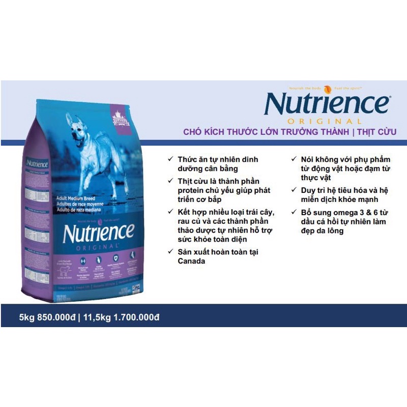 Nutrience ORIGINAL cho Cún size lớn (Trên 6 Tháng Tuổi) Thịt Cừu, Rau Củ Và Trái Cây Tự Nhiên 5kg