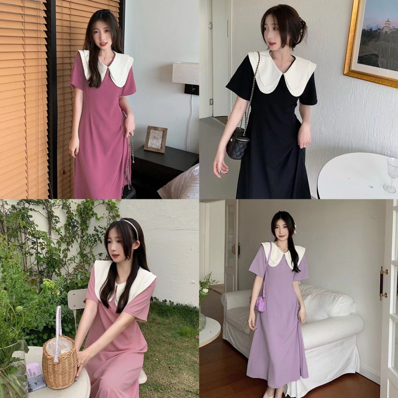 Váy đầm cổ trắng búp bê thắt dây eo thanh lịch nhiều màu basic phong cách Hàn Quốc