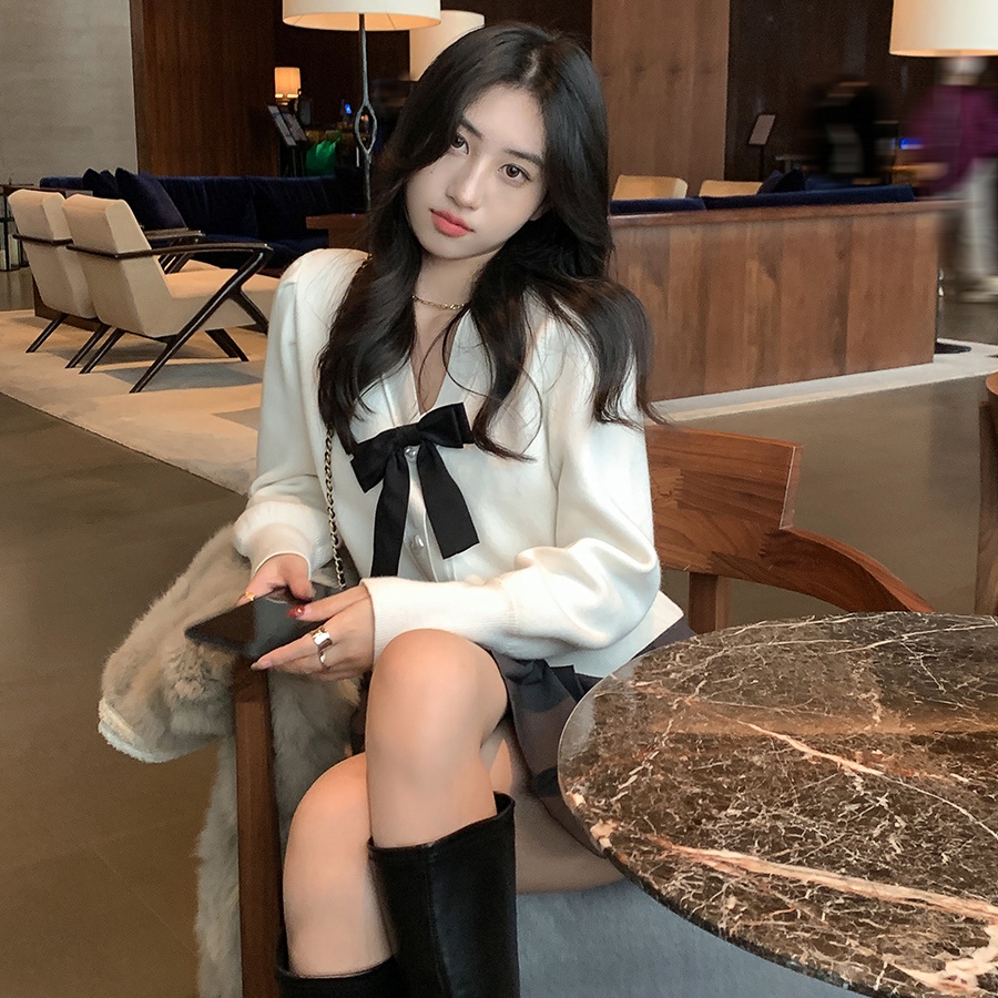Áo khoác cardigan dệt kim tay dài cổ chữ V phối nơ thời trang Hàn Quốc